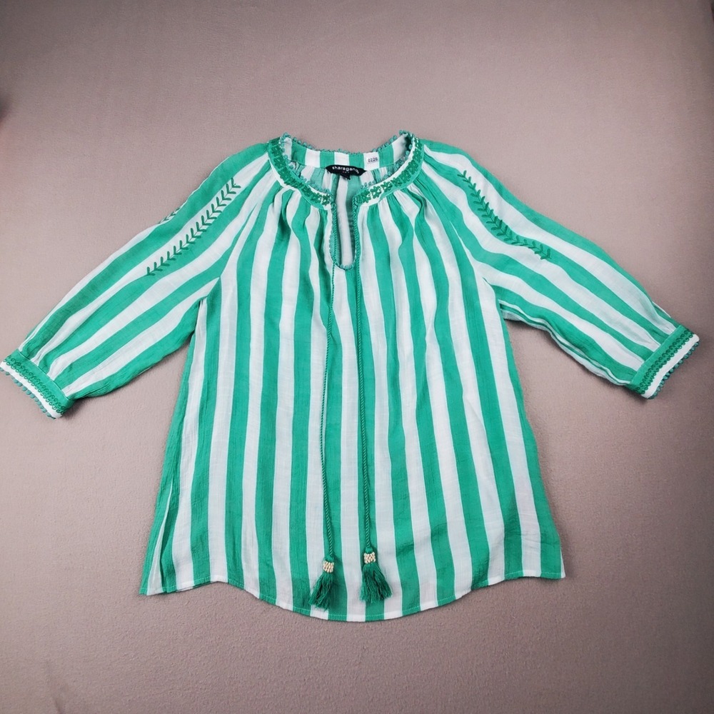 Sharagano Peasant Blouse Top Green Striped Boho 3/4 Sleeves Embroidered Size Med